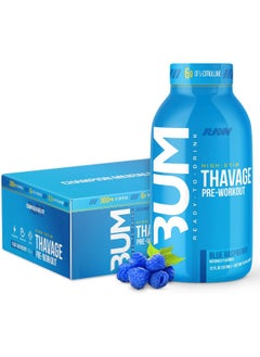 Raw RAW Ready to Drink Pre-Workout Drink, Blue Raspberry - BUM Thavage RTD Protein Shakes  - Image 1
