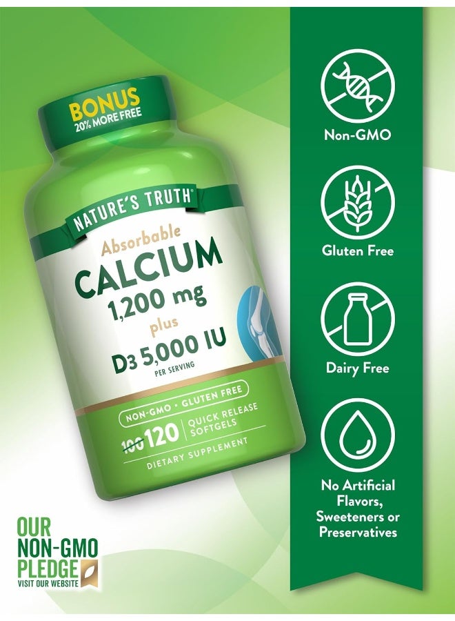 Nature's Truth Absorbable Calcium 1200 Mg With Vitamin D3 5000 Iu | 120 Softgels | Calcium Carbonate Supplement | Non-Gmo Gluten Free - Image 3