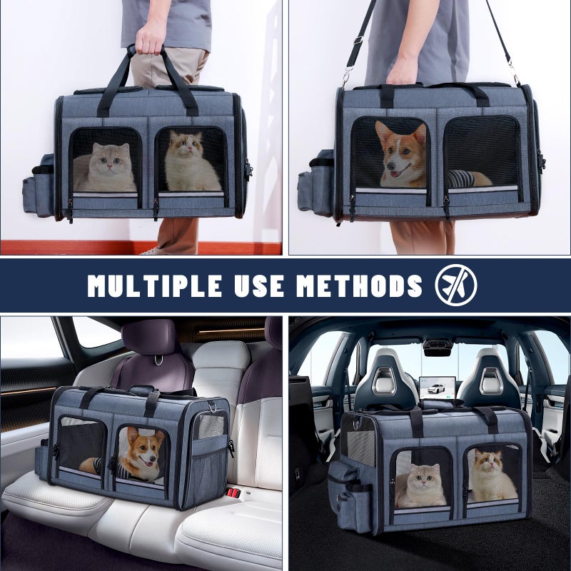 Groxkox Cat Carrier for 2 Cats, Foldable Double Cat and Dog Carrier, Small to Medium Size, 2 Front Zippered Compartments,Two Pets Carrier for Outdoor Travel,Mulitple Cat Carrier, Grey - Image 5