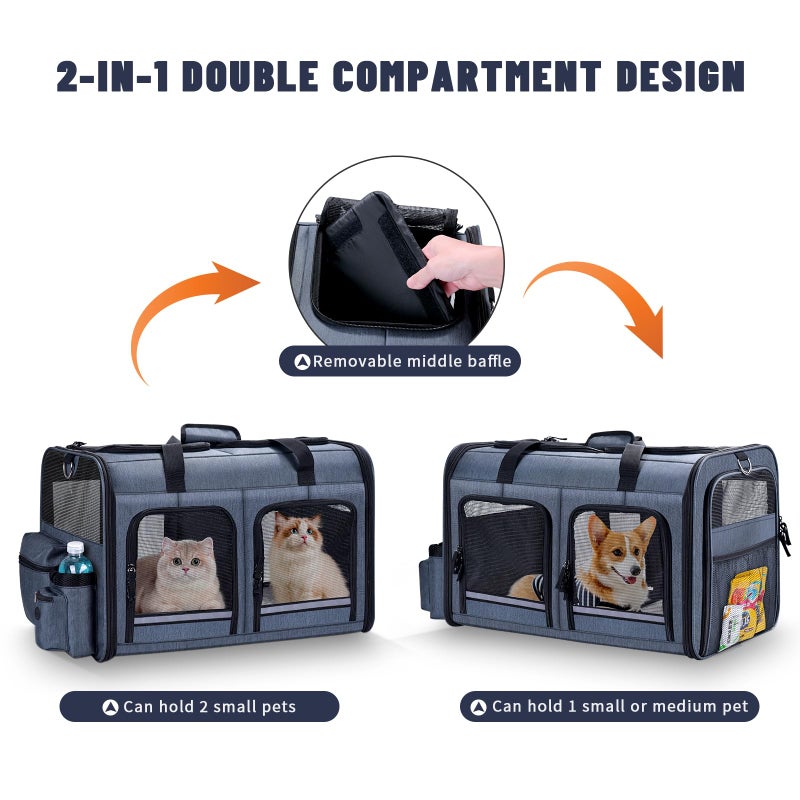 Groxkox Cat Carrier for 2 Cats, Foldable Double Cat and Dog Carrier, Small to Medium Size, 2 Front Zippered Compartments,Two Pets Carrier for Outdoor Travel,Mulitple Cat Carrier, Grey - Image 2
