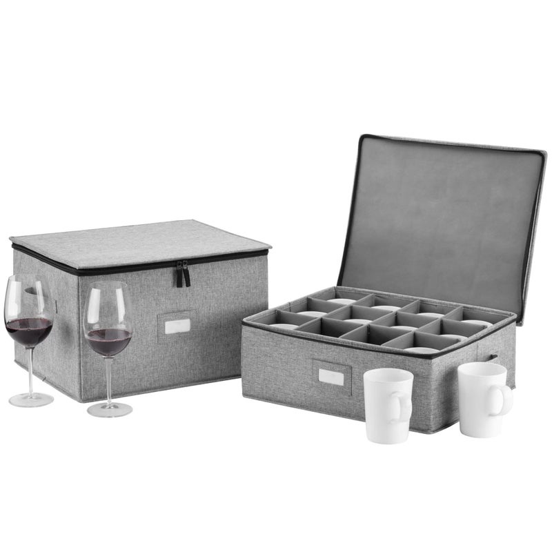 STOZU Wine Glass Storage and Cup Storage Case  Set of 2 Stackable Containers with Fully Padded Interior and Outside Hard Shell  12pcs per Box with Insert Cards for Labelling and Side Handles 