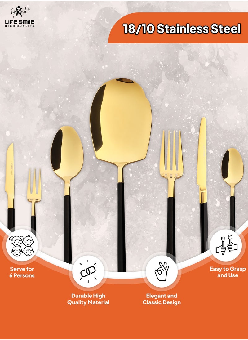 Life Smile 38 Pieces Cutlery Set for 6 Person,Pure Stainless Steel,Mirror Polished Include Spoon/Tea Spoon/Fork/Cake Fork/Dinner Knife/Fruit Knife/Rice Server (SHINY GOLD HEAD & SHINY BLACK HANDLE)  - Image 3