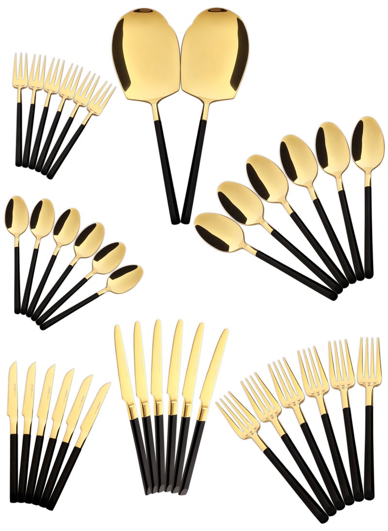Life Smile 38 Pieces Cutlery Set for 6 Person,Pure Stainless Steel,Mirror Polished Include Spoon/Tea Spoon/Fork/Cake Fork/Dinner Knife/Fruit Knife/Rice Server (SHINY GOLD HEAD & SHINY BLACK HANDLE)  - Image 1