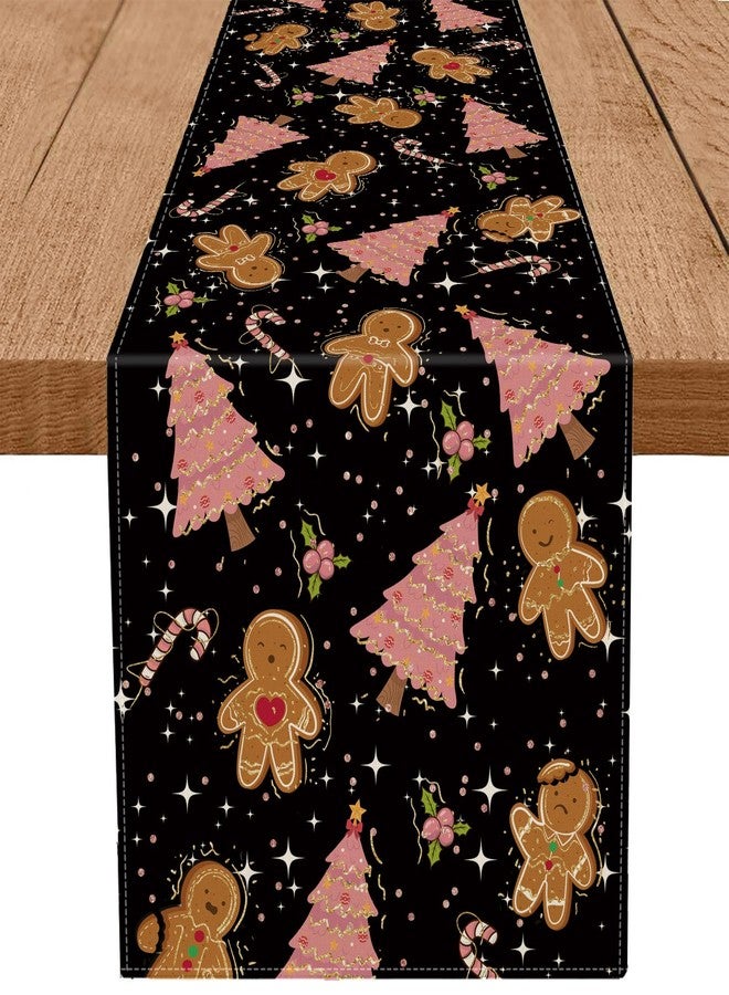 GAGEC Gingerbread Christmas Decorations Black Table Runner Pink Tree Glitter Xmas Winter Candy Cane Holiday Kitchen Dining Merry Christmas Table Decor 13x108 Inch - Image 1