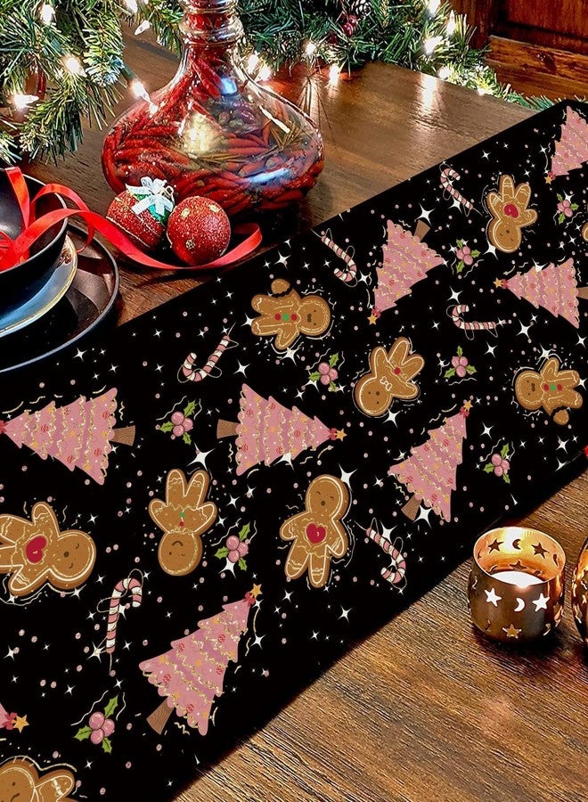 GAGEC Gingerbread Christmas Decorations Black Table Runner Pink Tree Glitter Xmas Winter Candy Cane Holiday Kitchen Dining Merry Christmas Table Decor 13x108 Inch - Image 3