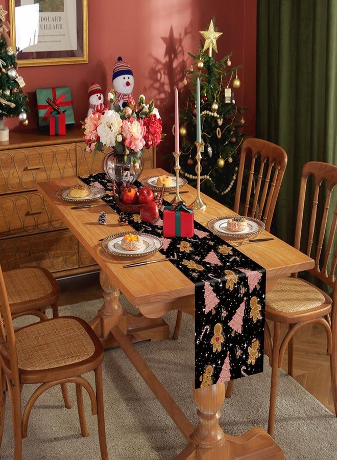 GAGEC Gingerbread Christmas Decorations Black Table Runner Pink Tree Glitter Xmas Winter Candy Cane Holiday Kitchen Dining Merry Christmas Table Decor 13x108 Inch - Image 2
