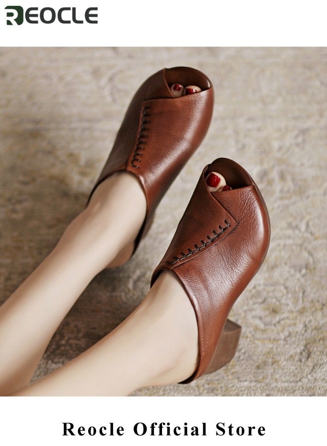 Women's Coarse Heel Wedge Sandals Open Toe Fish Mouth Sandals Middle Heel Sandals Comfortable Shoes Simple Retro Sandals