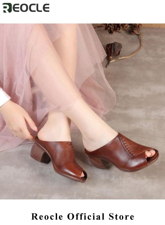 Women's Coarse Heel Wedge Sandals Open Toe Fish Mouth Sandals Middle Heel Sandals Comfortable Shoes Simple Retro Sandals