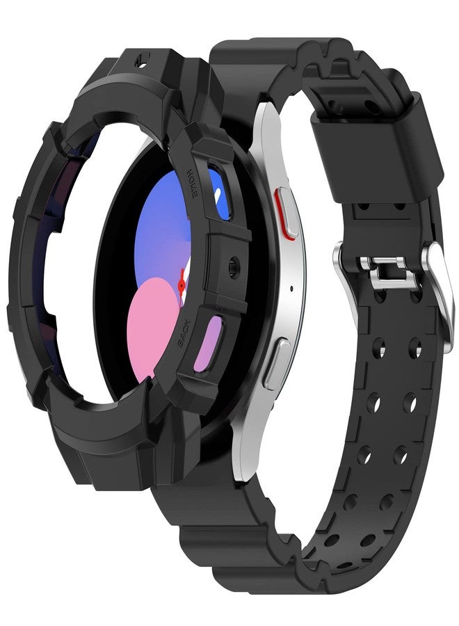LOKEKE Compatible with Samsung Galaxy Watch 5 44MM Protective Case Cover, PC Protective Case Cover Shell with Silicone Replacement Wrist Watch Band Strap Compatible with Samsung Galaxy Watch 5/4 44MM(44MM Black) - Image 1