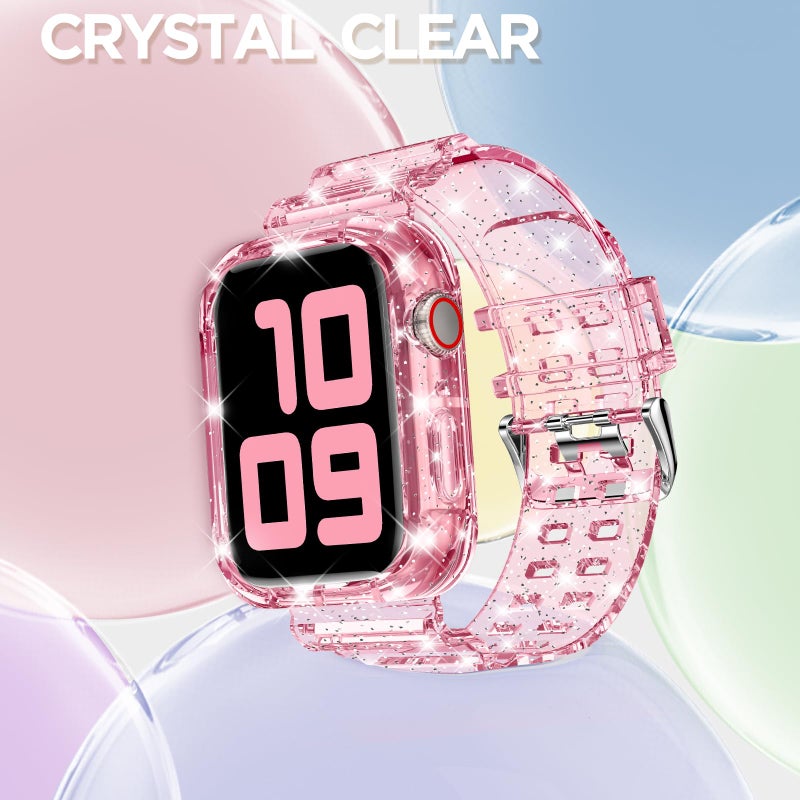 DABAOZA Compatible for Clear Apple Watch Band with Bumper Case 45mm 44mm 42mm, Women Men Glitter Bling TPU Sport Strap for iWatch SE Ultra 3 2 Series 11 10 9 8 7 6 5 4 3 2 1ï¼ˆGlitterPink,45/44/42ï¼‰ - Image 4