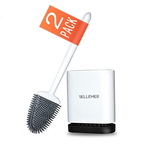 Sellemer مجموعة فرشاة مرحاض وسلة Sellemer للحمام، رأس فرشاة مرحاض مرن مع شعيرات سيليكون، حجم مدمج للتخزين والتنظيم، قاعدة مع فتحات تهوية (2 عبوة، أبيض) - Image 1