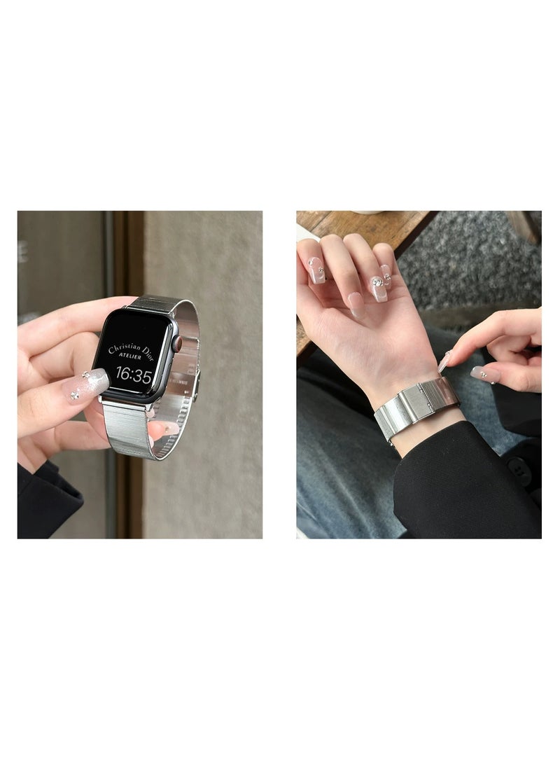 OLYSON Thick Stainless Steel Watch Band with Cat's Eye Glossy Finish, Snap Clasp for Apple Watch 42mm 44mm 45mm 49mm Series 9 8 7 6 5 4, SE and 46mm Series 10 11, Ultra 3 2 1, Silver - Image 2