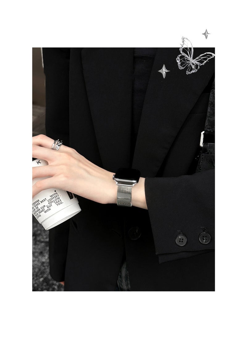 OLYSON Thick Stainless Steel Watch Band with Cat's Eye Glossy Finish, Snap Clasp for Apple Watch 42mm 44mm 45mm 49mm Series 9 8 7 6 5 4, SE and 46mm Series 10 11, Ultra 3 2 1, Silver - Image 4