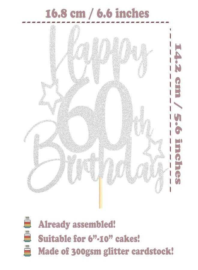 Sotpot 1 Pack 60th Birthday Cake Topper Double-sided Silver Glitter Cake Topper with Star Pattern Cake Decoration for Happy 60th Birthday Party Cake Decorations - Image 3
