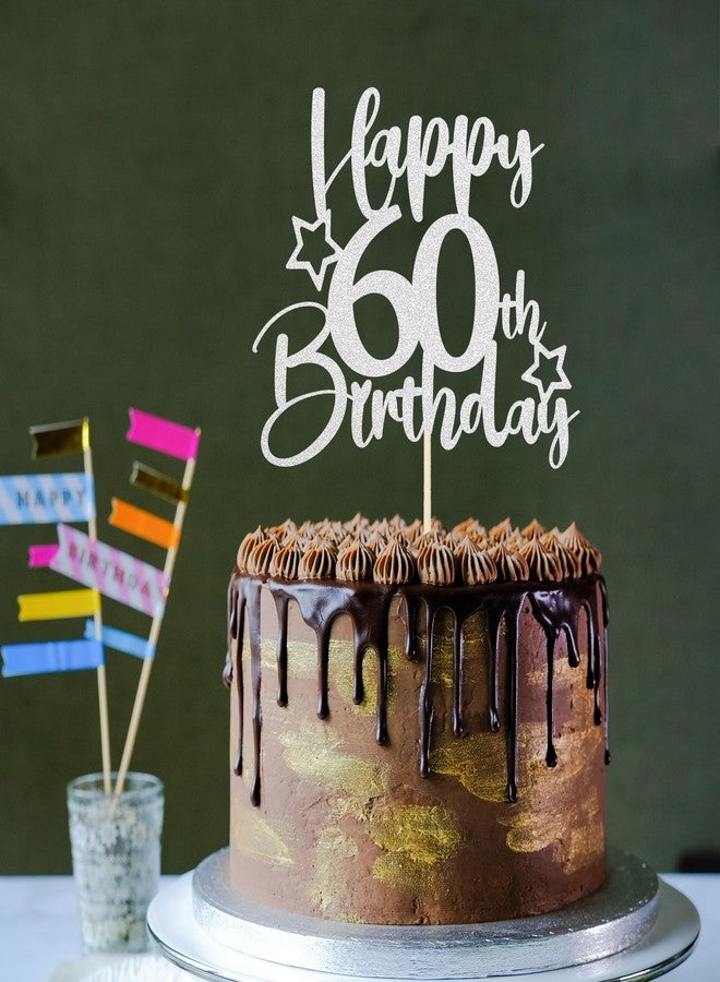 Sotpot 1 Pack 60th Birthday Cake Topper Double-sided Silver Glitter Cake Topper with Star Pattern Cake Decoration for Happy 60th Birthday Party Cake Decorations - Image 5