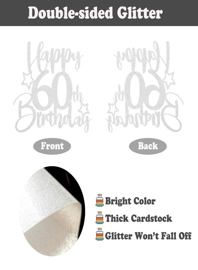Sotpot 1 Pack 60th Birthday Cake Topper Double-sided Silver Glitter Cake Topper with Star Pattern Cake Decoration for Happy 60th Birthday Party Cake Decorations - Image 2