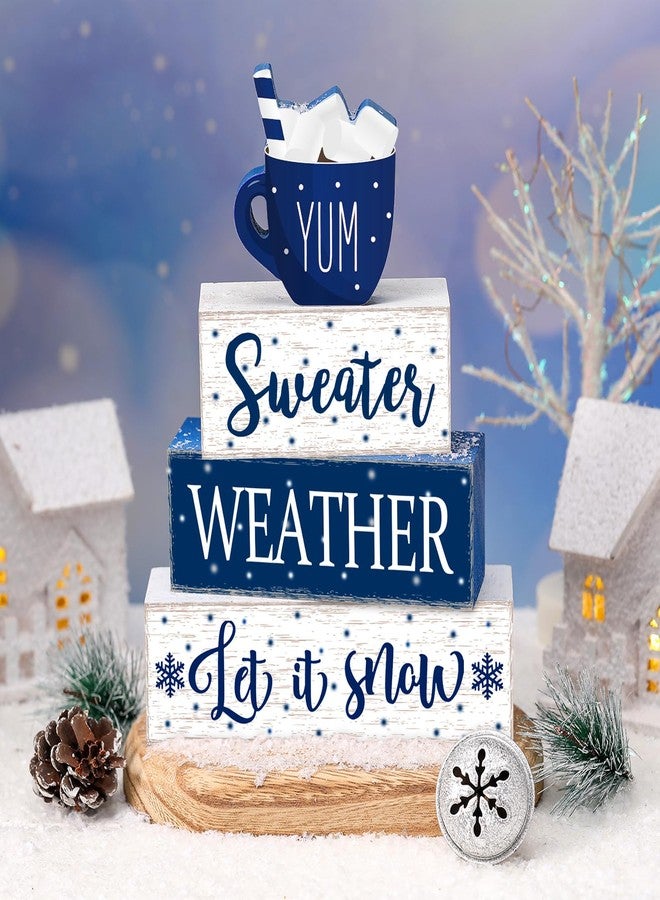 Marsui 4 Pcs Winter Wooden Tabletop Decor Wood Block Sign Gift Wooden Farmhouse Christmas Table Centerpiece Winter Decor for Home Indoor Holiday - Image 2