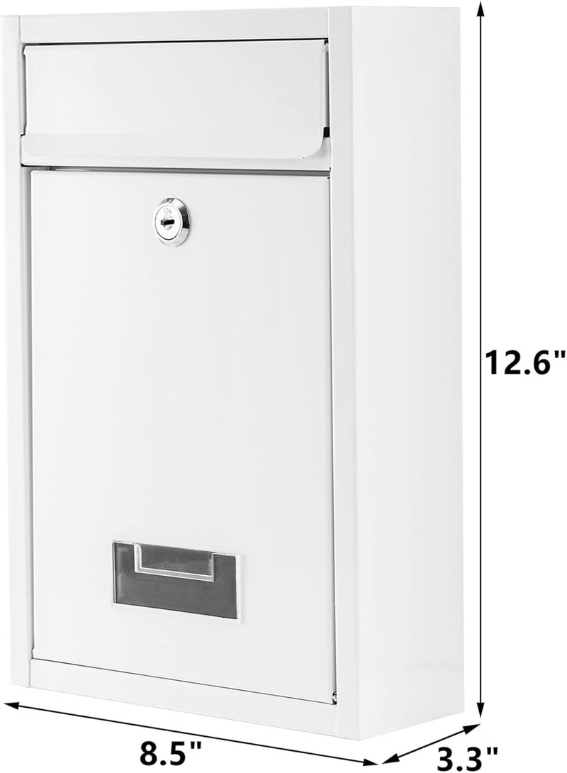 DEAYOU Wall Mount Mailbox with Key Lock, Steel Cover Metal Dropbox, Security Postbox with Slot for Envelope, Letter, Outside, Home, Office Business, 12.6" H x 8.5" L x 3.3" W, White - Image 2