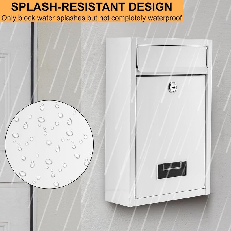 DEAYOU Wall Mount Mailbox with Key Lock, Steel Cover Metal Dropbox, Security Postbox with Slot for Envelope, Letter, Outside, Home, Office Business, 12.6" H x 8.5" L x 3.3" W, White - Image 5