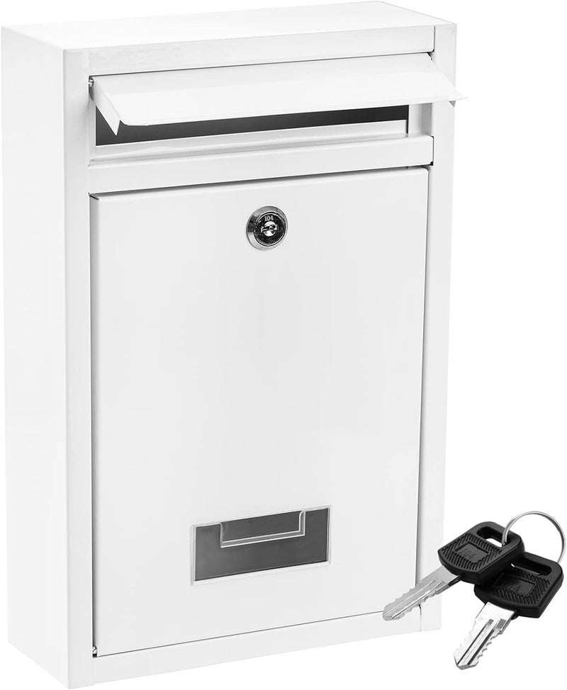 DEAYOU Wall Mount Mailbox with Key Lock, Steel Cover Metal Dropbox, Security Postbox with Slot for Envelope, Letter, Outside, Home, Office Business, 12.6" H x 8.5" L x 3.3" W, White - Image 1