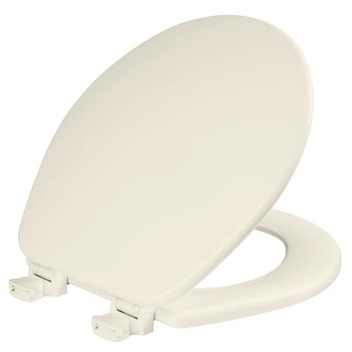 Bemis مقعد مرحاض CHURCH، مفصلات سهلة التنظيف للإفراج عن التنظيف العميق، مقعد خشبي مطلي متين، دائري، لون بسكويت - Image 1