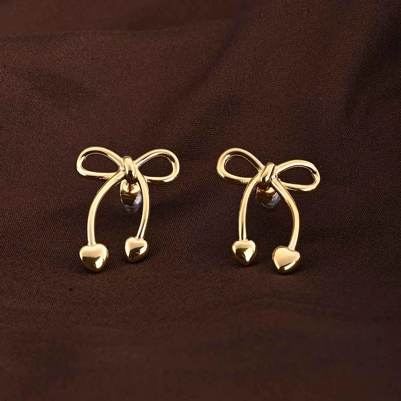 Palmonas 18K Gold Tone Plated Unique Gold Bow & Heart Drop Earrings For Women - Waterproof & Anti-Tarnish