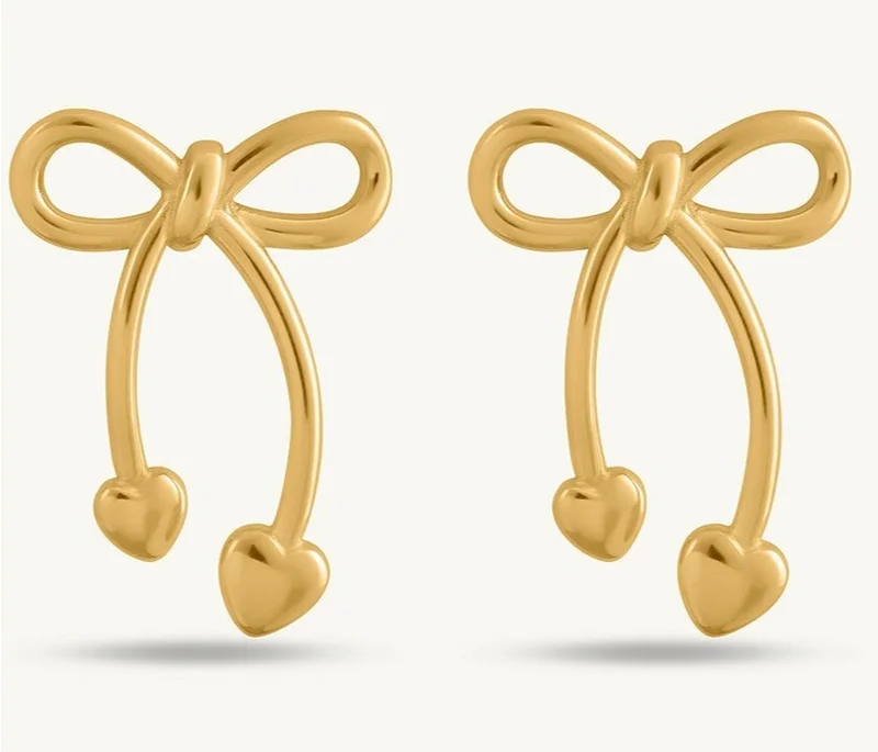 Palmonas 18K Gold Tone Plated Unique Gold Bow & Heart Drop Earrings For Women - Waterproof & Anti-Tarnish
