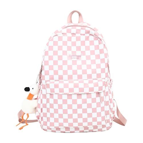 MININAI Y2K Aesthetic Checkered Backpack with Kawaii Pendant Checkerboard Backpack Cute Preppy Laptop Backpack Light Rucksack (One Size,Pink) - Image 1