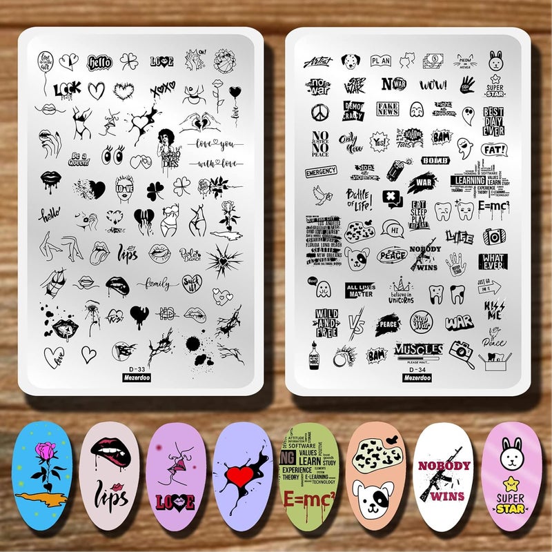 Heart Nail Stamping Plate Kit with 2pcs Large Templates - Love, Flower, Animal, Word Designs - Perfect for Ghost & Halloween Nail Art