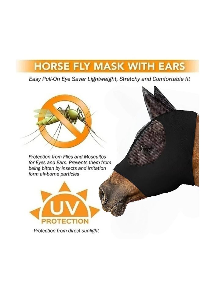 Generic 1-Piece Anti Mosquito Protect Horse Mask,Anti-Flyworms Breathable Mesh Horse Mask Riding Equestrian Equipment,Colour Black - Image 1