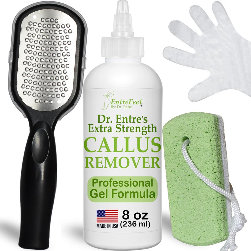 EntreFeet Dr. Entre's Callus Remover Gel Kit for Feet: Foot File, Pumice Stone, 5 Glove Pairs for Gel Application, Spa Kit, Foot Care, Pedicure Tools, Scrubber, 8oz - Image 1