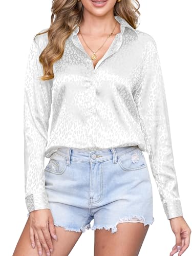 CUNLIN White Dress Shirt Women Satin Silk Leopard Long Sleeve Collared Button Down Shirts Womens Blouse Cheetah Tops White S - Image 1