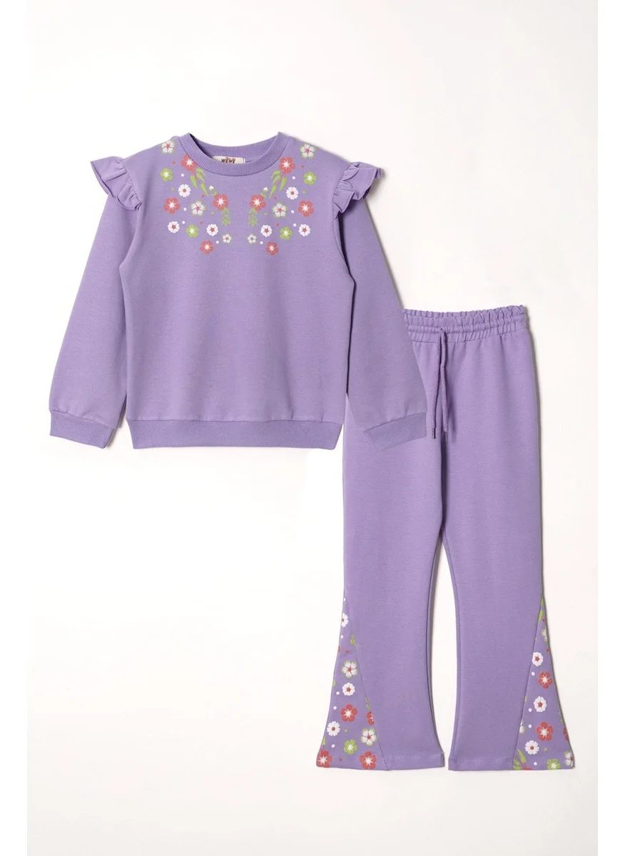 Zepkids Crew Neck Long Sleeve Flower Embroidery Printed Lilac Color Girl's Two Piece Set