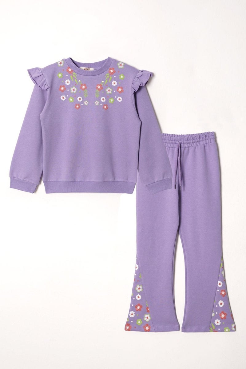 Zepkids Crew Neck Long Sleeve Flower Embroidery Printed Lilac Color Girl's Two Piece Set  - Image 1