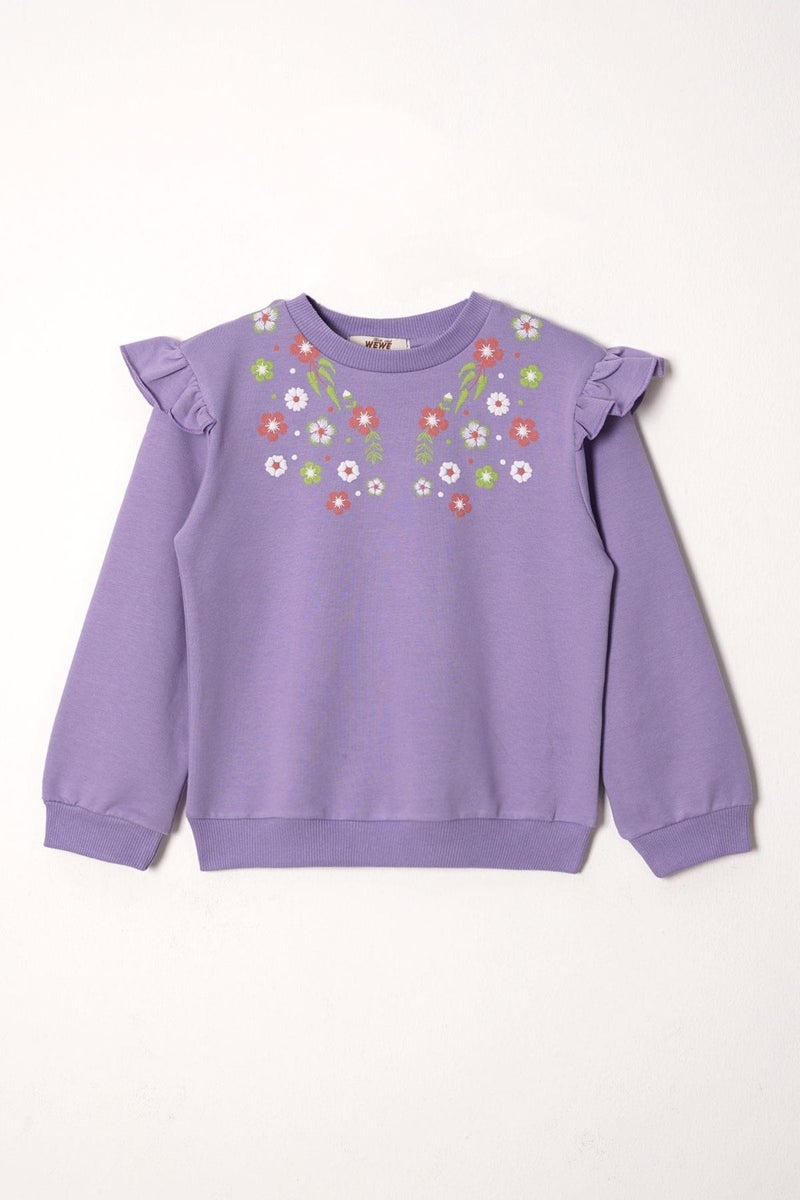 Zepkids Crew Neck Long Sleeve Flower Embroidery Printed Lilac Color Girl's Two Piece Set  - Image 2