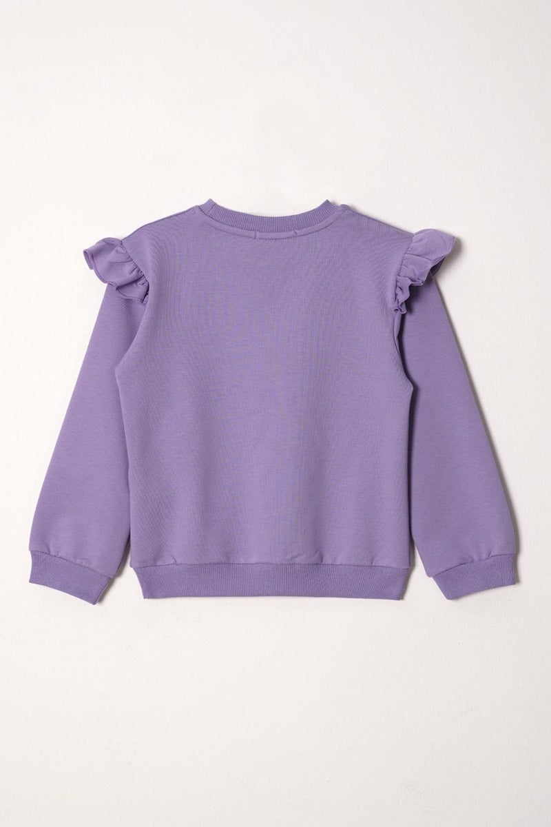 Zepkids Crew Neck Long Sleeve Flower Embroidery Printed Lilac Color Girl's Two Piece Set  - Image 3
