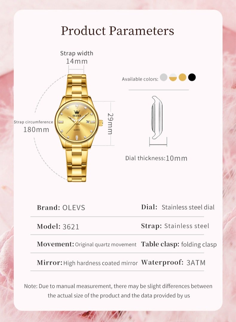 أوليفز ساعة نسائية بسيطة وفاخرة مقاومة للماء، حركة كوارتز بحزام من الفولاذ المقاوم للصدأ، مضيئة، مع وظيفة التاريخ - Image 5