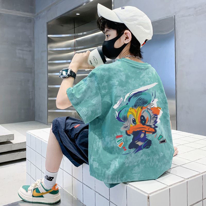 Children'S Tie-Dyed T-Shirt Top Boy'S Pure Cotton Summer T-Shirt Short-Sleeved Loose Summer Printed Casual All-Match Round Neck - Image 1
