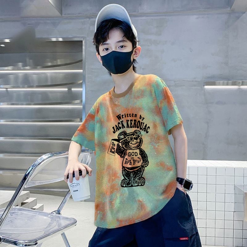 Children'S Tie-Dyed T-Shirt Top Boy'S Pure Cotton Summer T-Shirt Short-Sleeved Loose Summer Printed Casual All-Match Round Neck - Image 4