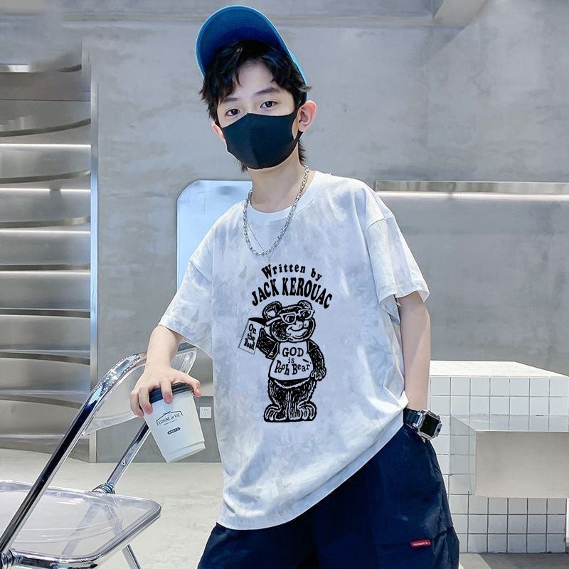Children'S Tie-Dyed T-Shirt Top Boy'S Pure Cotton Summer T-Shirt Short-Sleeved Loose Summer Printed Casual All-Match Round Neck - Image 2