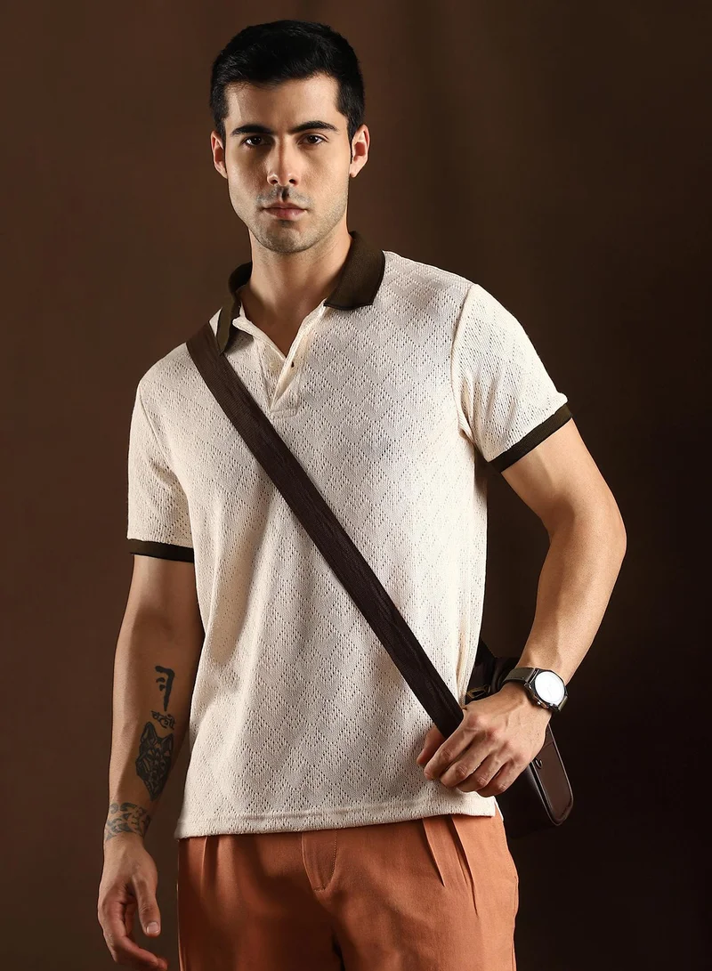 Men's Chalk White & Chocolate Brown Contrast Quad Polo T-Shirt