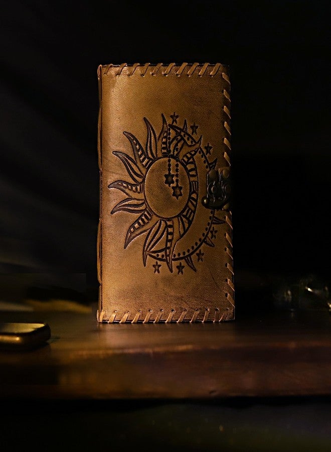 CREATIVE LEATHER ART مفكرة جلدية مصنوعة يدويًا | مفكرة الشمس والقمر | مفكرة النجوم | مفكرة جلدية مقاس 5 × 7 بوصة للنساء | مفكرة جلدية للرجال | دفتر رسم جلدي | دفتر جلدي فارغ - Image 3