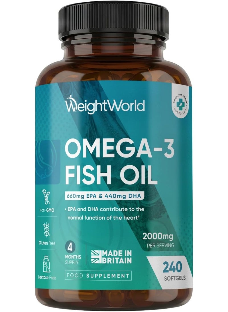 WeightWorld Omega 3 Fish Oil 2000mg - 240 Softgels (4 Months Supply) - 660mg EPA & 440mg DHA - Omega 3 Fatty Acids Supplements - Fish Oil Capsules - Made in the UK - Gluten-Free & Lactose-Free Capsules - Image 1