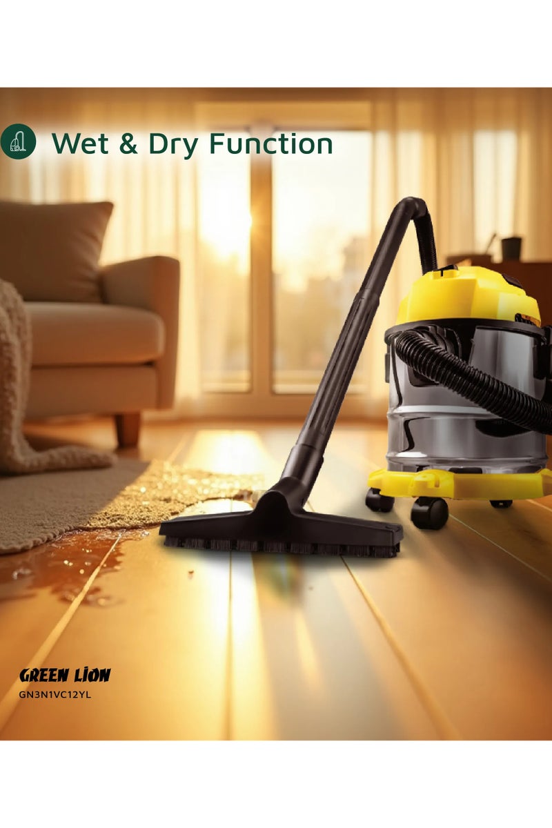 GREEN LION Ultra 3 In 1 Vacuum Cleaner 12L 1000W with Blower, Wet & Dry Function / 15kPa Suction Power / Swivel Caster Wheels / Fabric Dust Bag / 3 Meter Cord Length / Multiple Nozzles / 1.5m Long Hose - Yellow - Image 3