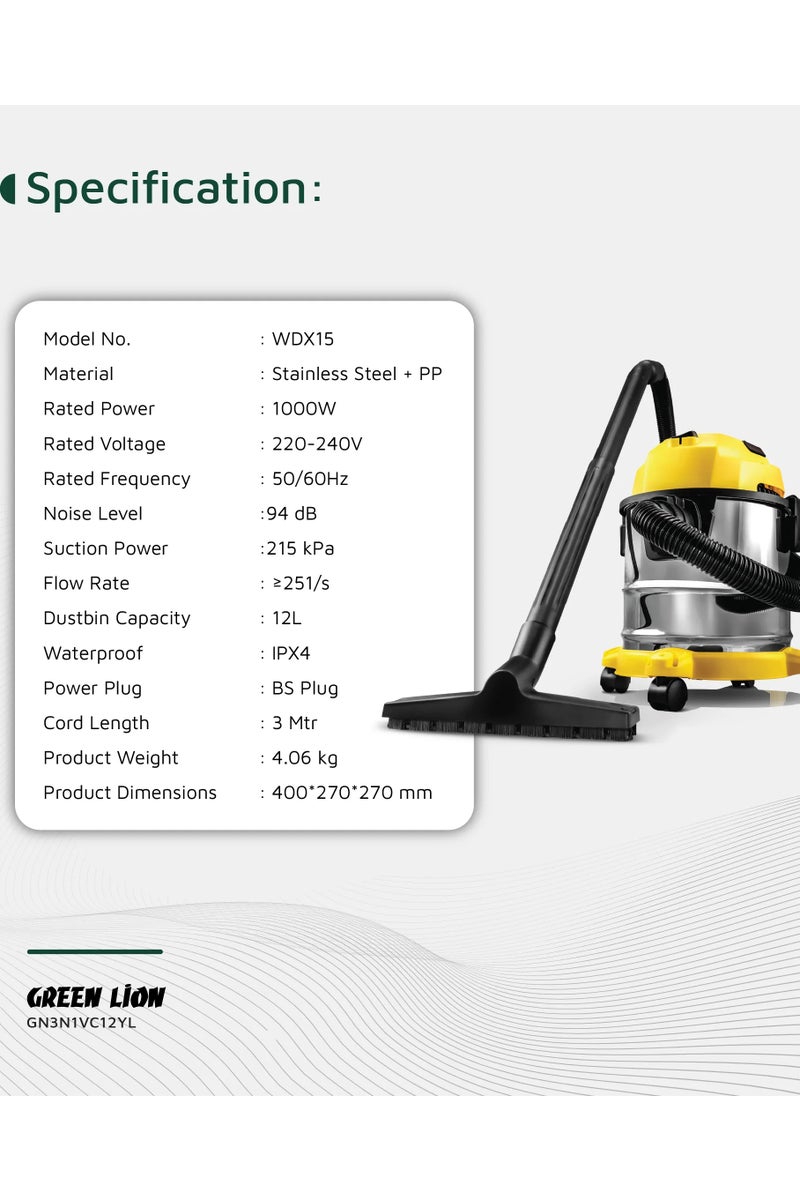 GREEN LION Ultra 3 In 1 Vacuum Cleaner 12L 1000W with Blower, Wet & Dry Function / 15kPa Suction Power / Swivel Caster Wheels / Fabric Dust Bag / 3 Meter Cord Length / Multiple Nozzles / 1.5m Long Hose - Yellow - Image 5
