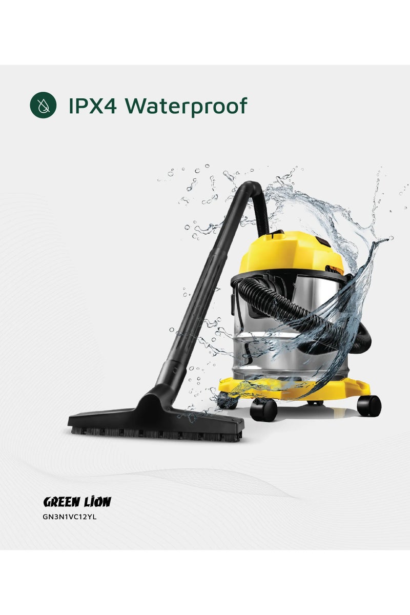 GREEN LION Ultra 3 In 1 Vacuum Cleaner 12L 1000W with Blower, Wet & Dry Function / 15kPa Suction Power / Swivel Caster Wheels / Fabric Dust Bag / 3 Meter Cord Length / Multiple Nozzles / 1.5m Long Hose - Yellow - Image 2
