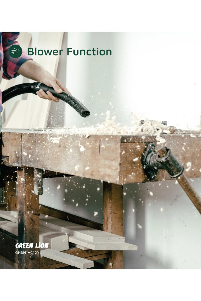 GREEN LION Ultra 3 In 1 Vacuum Cleaner 12L 1000W with Blower, Wet & Dry Function / 15kPa Suction Power / Swivel Caster Wheels / Fabric Dust Bag / 3 Meter Cord Length / Multiple Nozzles / 1.5m Long Hose - Yellow - Image 4