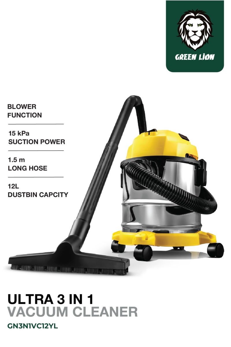 GREEN LION Ultra 3 In 1 Vacuum Cleaner 12L 1000W with Blower, Wet & Dry Function / 15kPa Suction Power / Swivel Caster Wheels / Fabric Dust Bag / 3 Meter Cord Length / Multiple Nozzles / 1.5m Long Hose - Yellow - Image 1