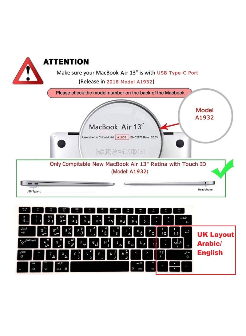 Hard Shell Case UK Layout Arabic Keyboard Cover and Screen Protector Compatible for MacBook Air 13-Inch Model A1932 Release 2019 2018 White - Image 2