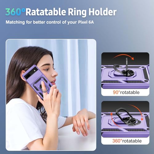 Weycolor for Google Pixel 6A Case with Camera Lens Cover HD Screen Protector, 10 FT Military Grade Drop Protection, Magnetic Ring Holder Kickstand Protective Phone Case,Lavender - Image 5